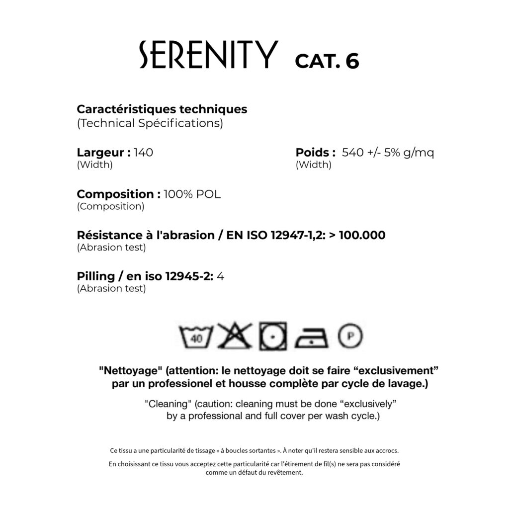 Etiquette des caractéristiques pour le tissus Serenity.